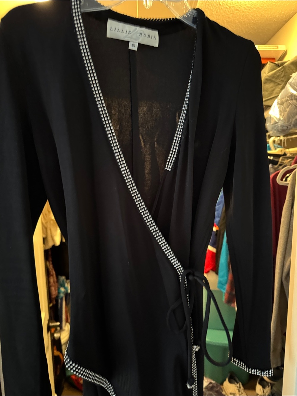 Lillie Rubin Black Wrap Top with Rhinestone Trim